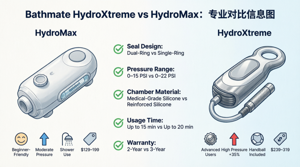 alt="Bathmate HydroXtreme vs HydroMax side-by-side comparison infographic showing pressure levels, price, and key features"