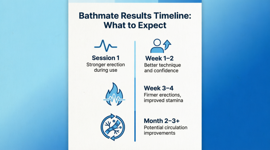 alt="Bathmate results timeline infographic: what to expect from first session to 6+ months of consistent use"