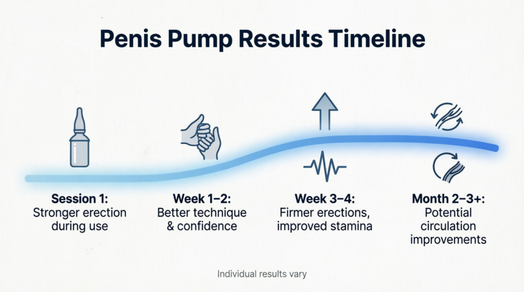 Penis pump results timeline infographic showing expectations from session 1 to month 2-3+