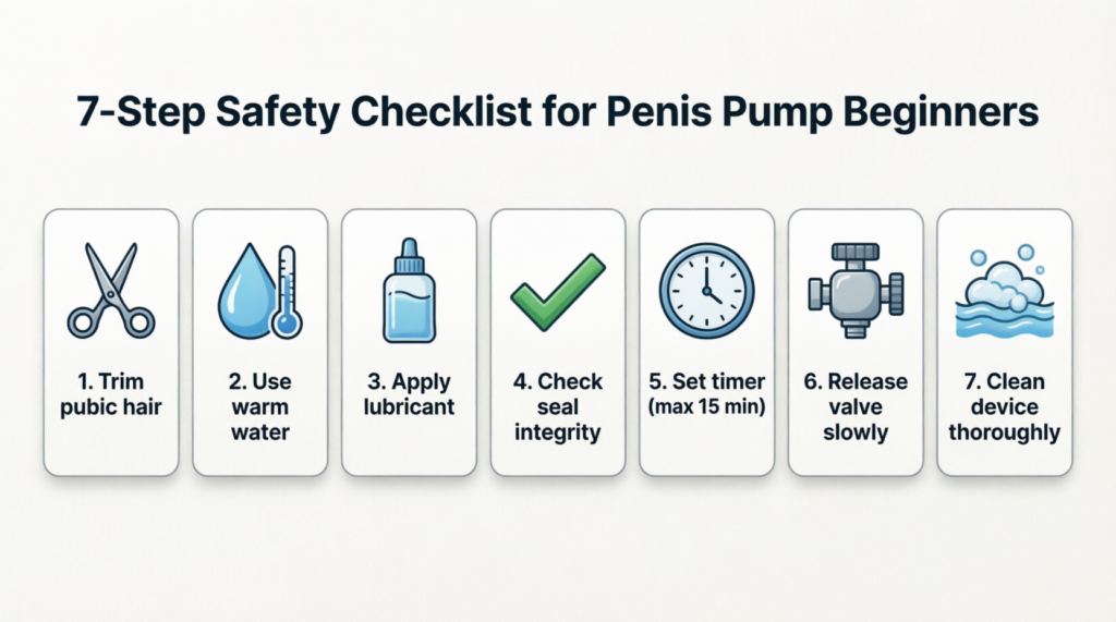 7-step safety checklist for penis pump beginners - trim hair, warm water, lubricant, check seal, timer, release valve, clean device