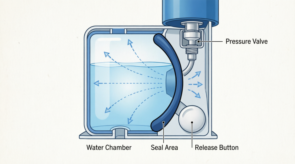 Water-based penis pump cross-section diagram showing water chamber, pressure valve, seal area, and release button